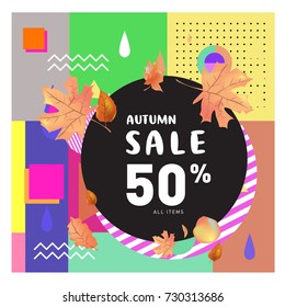 Autumn sale memphis style web banner. Fashion and travel discount poster. Vector holiday Abstract colorful illustration with special offer and promotion.