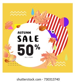 Autumn sale memphis style web banner. Fashion and travel discount poster. Vector holiday Abstract colorful illustration with special offer and promotion.