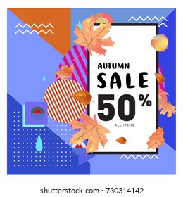 Autumn sale memphis style web banner. Fashion and travel discount poster. Vector holiday Abstract colorful illustration with special offer and promotion.