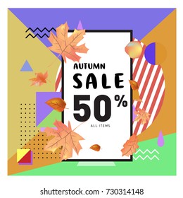 Autumn sale memphis style web banner. Fashion and travel discount poster. Vector holiday Abstract colorful illustration with special offer and promotion.