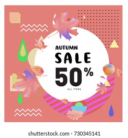 Autumn sale memphis style web banner. Fashion and travel discount poster. Vector holiday Abstract colorful illustration with special offer and promotion.