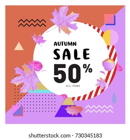 Autumn sale memphis style web banner. Fashion and travel discount poster. Vector holiday Abstract colorful illustration with special offer and promotion.
