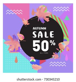 Autumn sale memphis style web banner. Fashion and travel discount poster. Vector holiday Abstract colorful illustration with special offer and promotion.