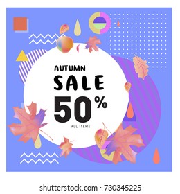 Autumn sale memphis style web banner. Fashion and travel discount poster. Vector holiday Abstract colorful illustration with special offer and promotion.