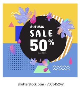 Autumn sale memphis style web banner. Fashion and travel discount poster. Vector holiday Abstract colorful illustration with special offer and promotion.