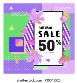 Autumn sale memphis style web banner. Fashion and travel discount poster. Vector holiday Abstract colorful illustration with special offer and promotion.