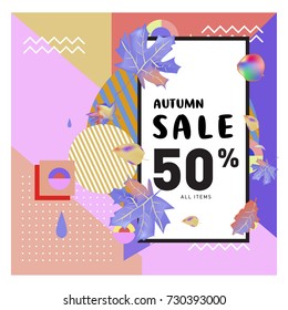 Autumn sale memphis style web banner. Fashion and travel discount poster. Vector holiday Abstract colorful illustration with special offer and promotion.