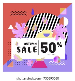 Autumn sale memphis style web banner. Fashion and travel discount poster. Vector holiday Abstract colorful illustration with special offer and promotion.