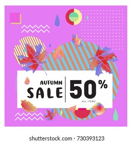 Autumn sale memphis style web banner. Fashion and travel discount poster. Vector holiday Abstract colorful illustration with special offer and promotion.
