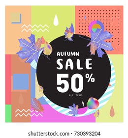 Autumn sale memphis style web banner. Fashion and travel discount poster. Vector holiday Abstract colorful illustration with special offer and promotion.