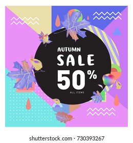 Autumn sale memphis style web banner. Fashion and travel discount poster. Vector holiday Abstract colorful illustration with special offer and promotion.