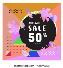 Autumn sale memphis style web banner. Fashion and travel discount poster. Vector holiday Abstract colorful illustration with special offer and promotion.