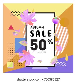 Autumn sale memphis style web banner. Fashion and travel discount poster. Vector holiday Abstract colorful illustration with special offer and promotion.
