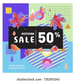 Autumn sale memphis style web banner. Fashion and travel discount poster. Vector holiday Abstract colorful illustration with special offer and promotion.