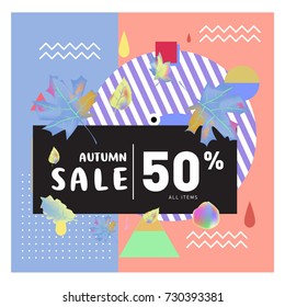 Autumn sale memphis style web banner. Fashion and travel discount poster. Vector holiday Abstract colorful illustration with special offer and promotion.