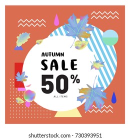 Autumn sale memphis style web banner. Fashion and travel discount poster. Vector holiday Abstract colorful illustration with special offer and promotion.