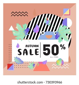 Autumn sale memphis style web banner. Fashion and travel discount poster. Vector holiday Abstract colorful illustration with special offer and promotion.