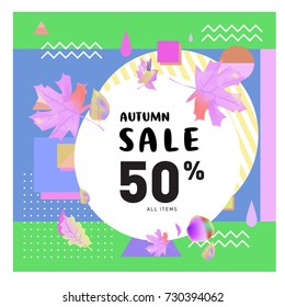 Autumn sale memphis style web banner. Fashion and travel discount poster. Vector holiday Abstract colorful illustration with special offer and promotion.