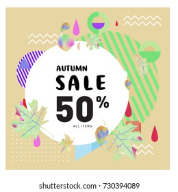 Autumn sale memphis style web banner. Fashion and travel discount poster. Vector holiday Abstract colorful illustration with special offer and promotion.