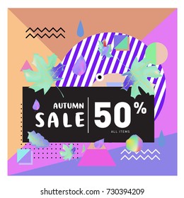 Autumn sale memphis style web banner. Fashion and travel discount poster. Vector holiday Abstract colorful illustration with special offer and promotion.