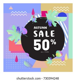 Autumn sale memphis style web banner. Fashion and travel discount poster. Vector holiday Abstract colorful illustration with special offer and promotion.