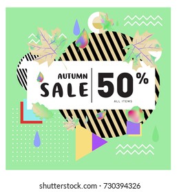 Autumn sale memphis style web banner. Fashion and travel discount poster. Vector holiday Abstract colorful illustration with special offer and promotion.