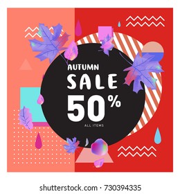 Autumn sale memphis style web banner. Fashion and travel discount poster. Vector holiday Abstract colorful illustration with special offer and promotion.