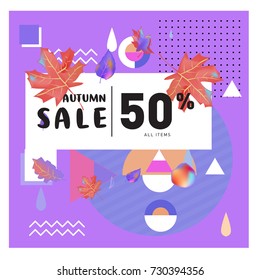 Autumn sale memphis style web banner. Fashion and travel discount poster. Vector holiday Abstract colorful illustration with special offer and promotion.