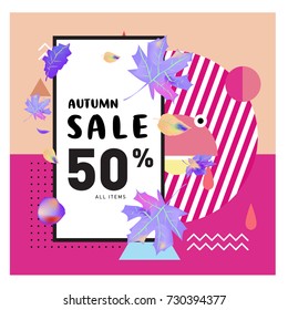 Autumn sale memphis style web banner. Fashion and travel discount poster. Vector holiday Abstract colorful illustration with special offer and promotion.