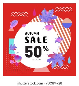 Autumn sale memphis style web banner. Fashion and travel discount poster. Vector holiday Abstract colorful illustration with special offer and promotion.
