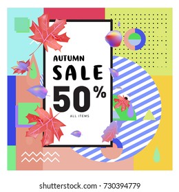 Autumn sale memphis style web banner. Fashion and travel discount poster. Vector holiday Abstract colorful illustration with special offer and promotion.