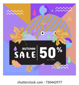 Autumn sale memphis style web banner. Fashion and travel discount poster. Vector holiday Abstract colorful illustration with special offer and promotion.