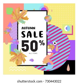 Autumn sale memphis style web banner. Fashion and travel discount poster. Vector holiday Abstract colorful illustration with special offer and promotion.