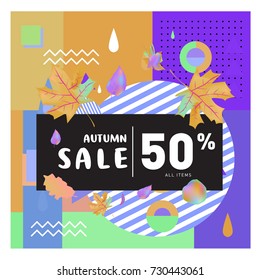 Autumn sale memphis style web banner. Fashion and travel discount poster. Vector holiday Abstract colorful illustration with special offer and promotion.
