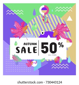 Autumn sale memphis style web banner. Fashion and travel discount poster. Vector holiday Abstract colorful illustration with special offer and promotion.