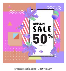 Autumn sale memphis style web banner. Fashion and travel discount poster. Vector holiday Abstract colorful illustration with special offer and promotion.