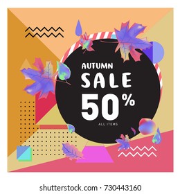 Autumn sale memphis style web banner. Fashion and travel discount poster. Vector holiday Abstract colorful illustration with special offer and promotion.