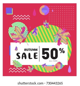Autumn sale memphis style web banner. Fashion and travel discount poster. Vector holiday Abstract colorful illustration with special offer and promotion.