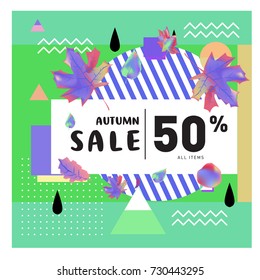 Autumn sale memphis style web banner. Fashion and travel discount poster. Vector holiday Abstract colorful illustration with special offer and promotion.