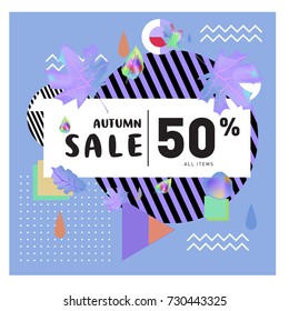 Autumn sale memphis style web banner. Fashion and travel discount poster. Vector holiday Abstract colorful illustration with special offer and promotion.