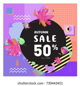 Autumn sale memphis style web banner. Fashion and travel discount poster. Vector holiday Abstract colorful illustration with special offer and promotion.