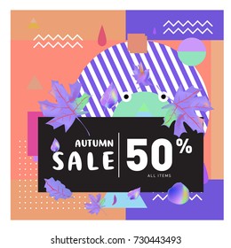 Autumn sale memphis style web banner. Fashion and travel discount poster. Vector holiday Abstract colorful illustration with special offer and promotion.