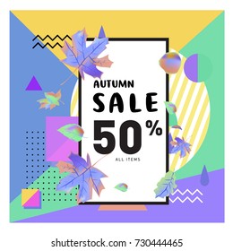 Autumn sale memphis style web banner. Fashion and travel discount poster. Vector holiday Abstract colorful illustration with special offer and promotion.