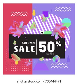 Autumn sale memphis style web banner. Fashion and travel discount poster. Vector holiday Abstract colorful illustration with special offer and promotion.