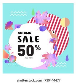 Autumn sale memphis style web banner. Fashion and travel discount poster. Vector holiday Abstract colorful illustration with special offer and promotion.