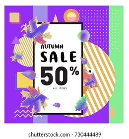 Autumn sale memphis style web banner. Fashion and travel discount poster. Vector holiday Abstract colorful illustration with special offer and promotion.