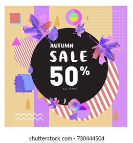 Autumn sale memphis style web banner. Fashion and travel discount poster. Vector holiday Abstract colorful illustration with special offer and promotion.