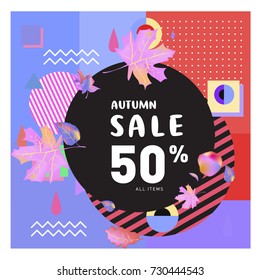 Autumn sale memphis style web banner. Fashion and travel discount poster. Vector holiday Abstract colorful illustration with special offer and promotion.