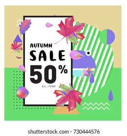 Autumn sale memphis style web banner. Fashion and travel discount poster. Vector holiday Abstract colorful illustration with special offer and promotion.