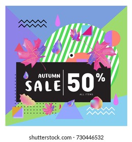 Autumn sale memphis style web banner. Fashion and travel discount poster. Vector holiday Abstract colorful illustration with special offer and promotion.